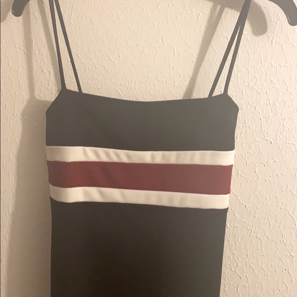 black mini dress with red and white stripes
